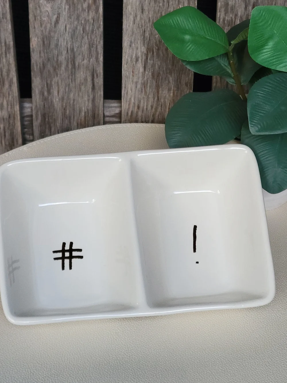 Rae Dunn Hashtag # & Exclamation ! White Double Ceramic Dip Dish Gold Accents